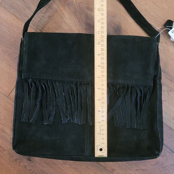 Vintage Boho Suede Fringe Purse Black Ward 1970s Style NEW FLAW READ - Picture 12 of 16